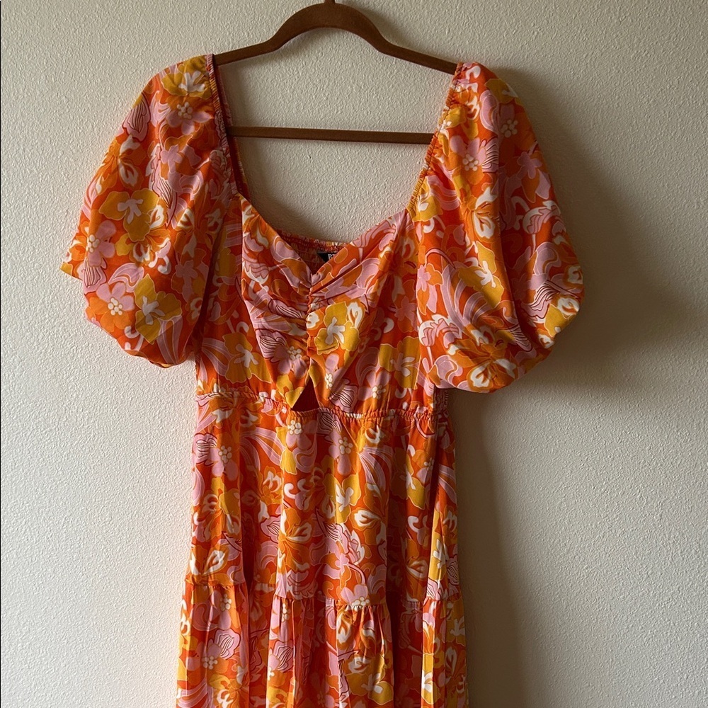 Puffy Sleeve Smocked Floral Orange and Pink Women's Dress - Picture 2 of 6